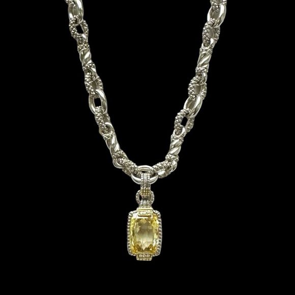 Judith Ripka JR Two Sterling Silver 18K Gold Canary Quartz Diamond Pendant - Picture 1 of 11